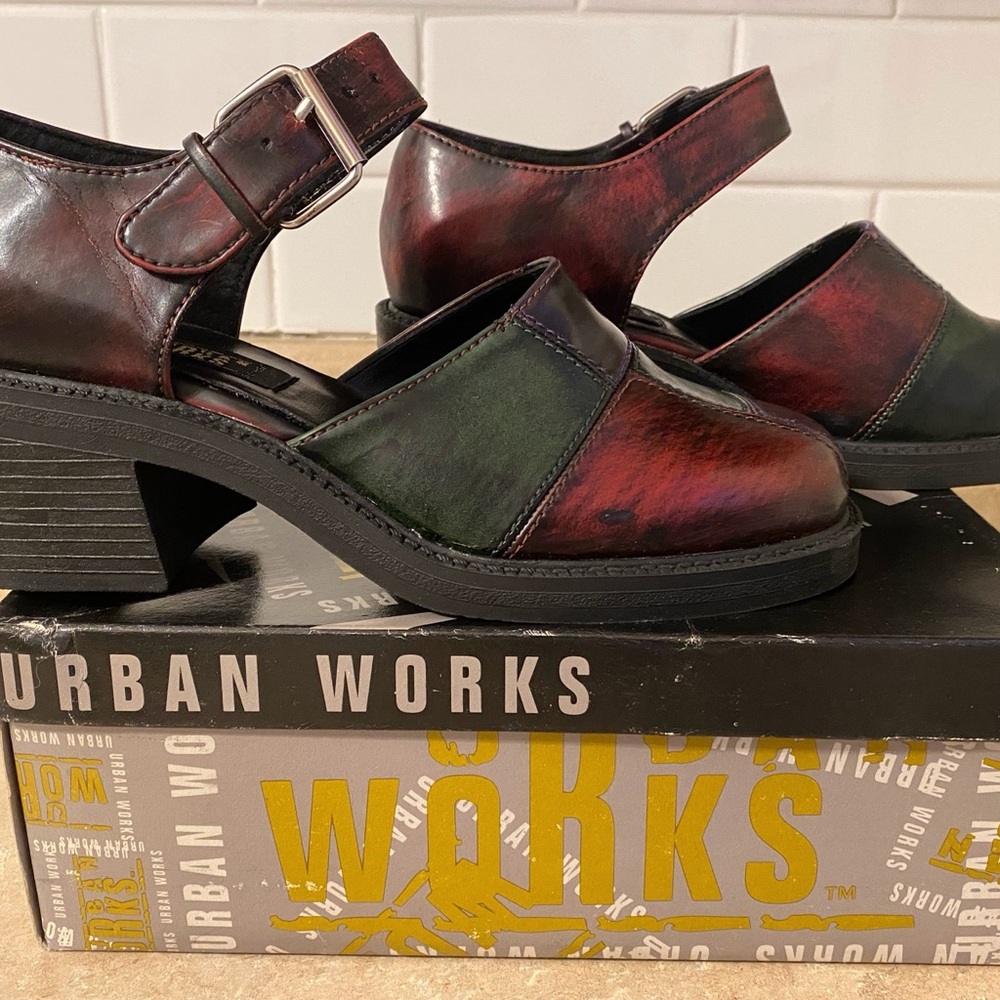 Women's Burgundy and Green Mary Jane’s Block Heel Dr Marten Dansko Style